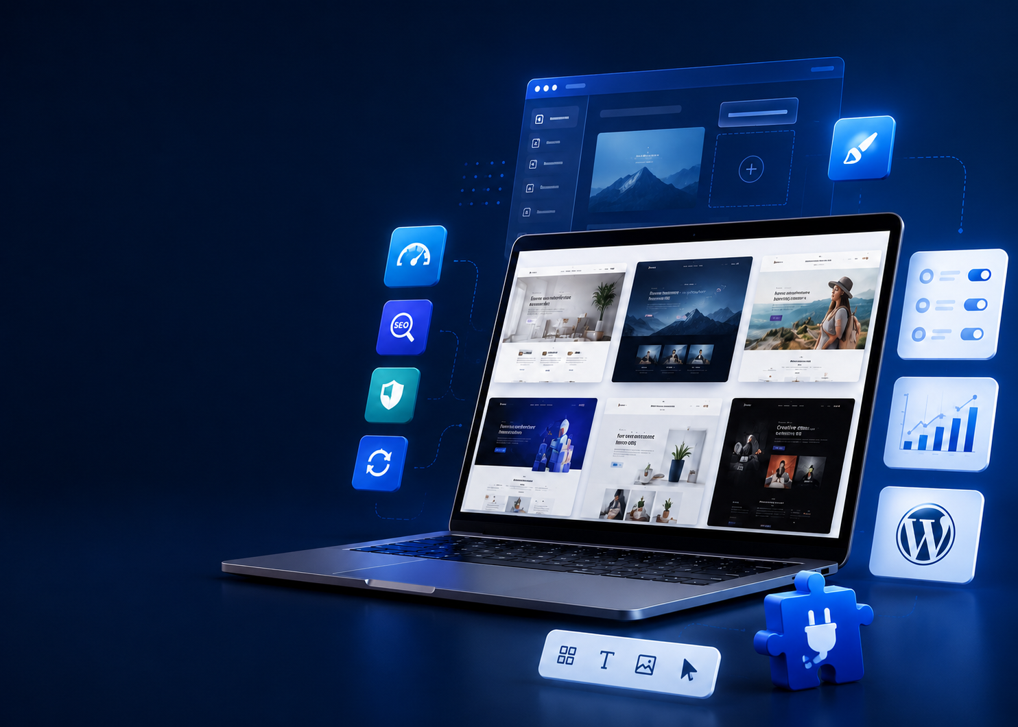 RankFlow WordPress themes and plugins displayed on a laptop dashboard